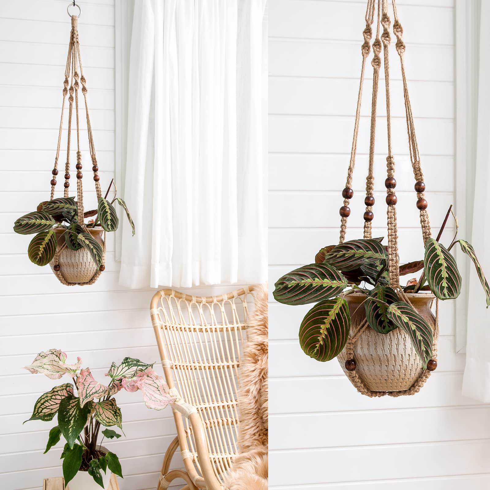 3 Pcs Tassel-Free Macrame Plant Hangers, Beaded Hanging Planter Baskets, Indoor Flower Pot Holders in 23/29/35 Inch