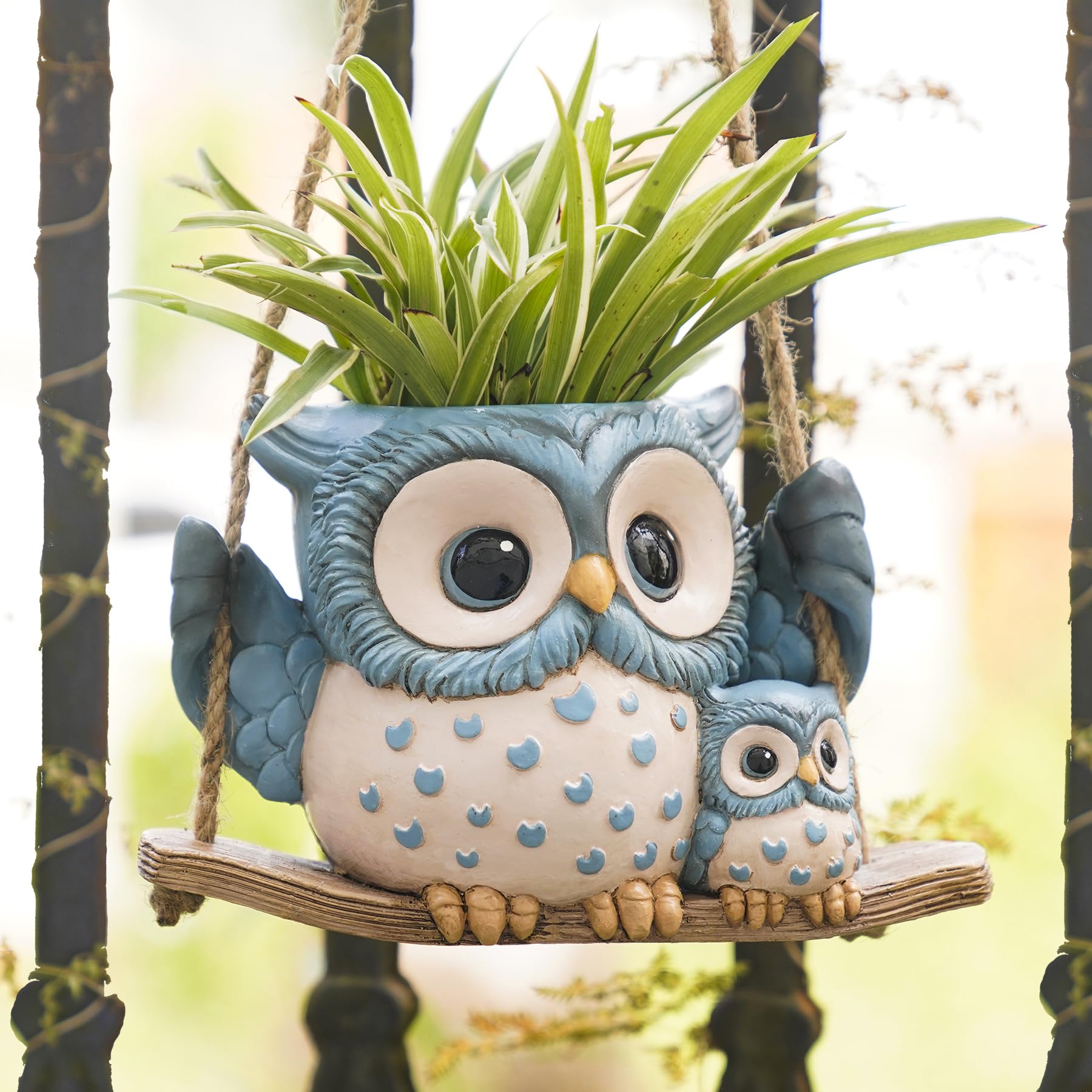Cute Swing Owl Hanging Planters, Resin Hanging Plant Pots with Drainage Hole, Small Succulent Planter for Indoor Outdoor, Unique Plant Hanger for String of Pearls, Mother's Day Gift