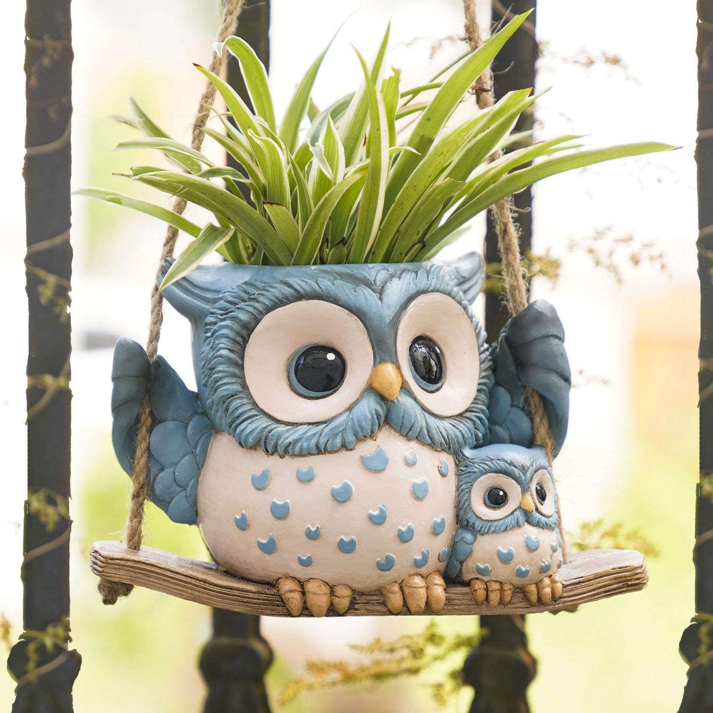 Cute Swing Owl Hanging Planters, Resin Hanging Plant Pots with Drainage Hole, Small Succulent Planter for Indoor Outdoor, Unique Plant Hanger for String of Pearls, Mother's Day Gift