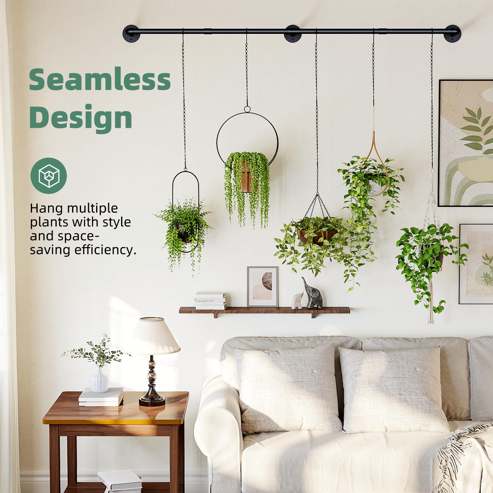 Galood Metal Plant Hanger with 6 Hanging Chains, Adjustable Window Plant Rod, Black Hanging Plant Shelf for Indoor Plants, 70.8 Inch, Planter Pot Not Included