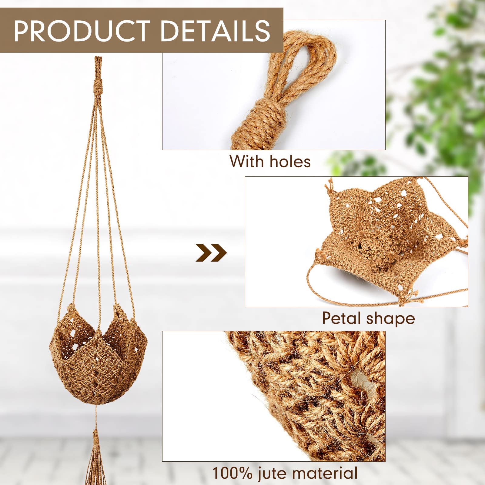 2 Pack Jute Crochet Plant Hanger, Long Macrame Plant Holder Rope with S-Hooks, Fits 3–12 Inch Pots, Boho Wall Hanging Decor for Halloween & Home