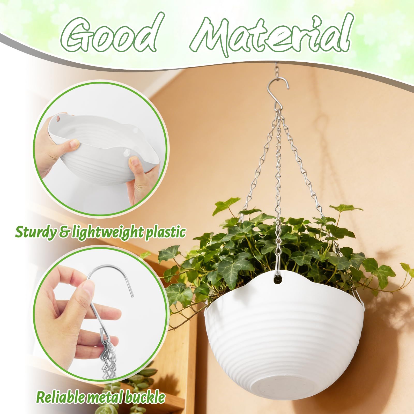 4 Pack 8 Inch White Hanging Planters, Self-Watering Round Plant Pots with Metal Chains & Water Tray, Indoor Outdoor Hanging Baskets for Garden Porch Wall Decor
