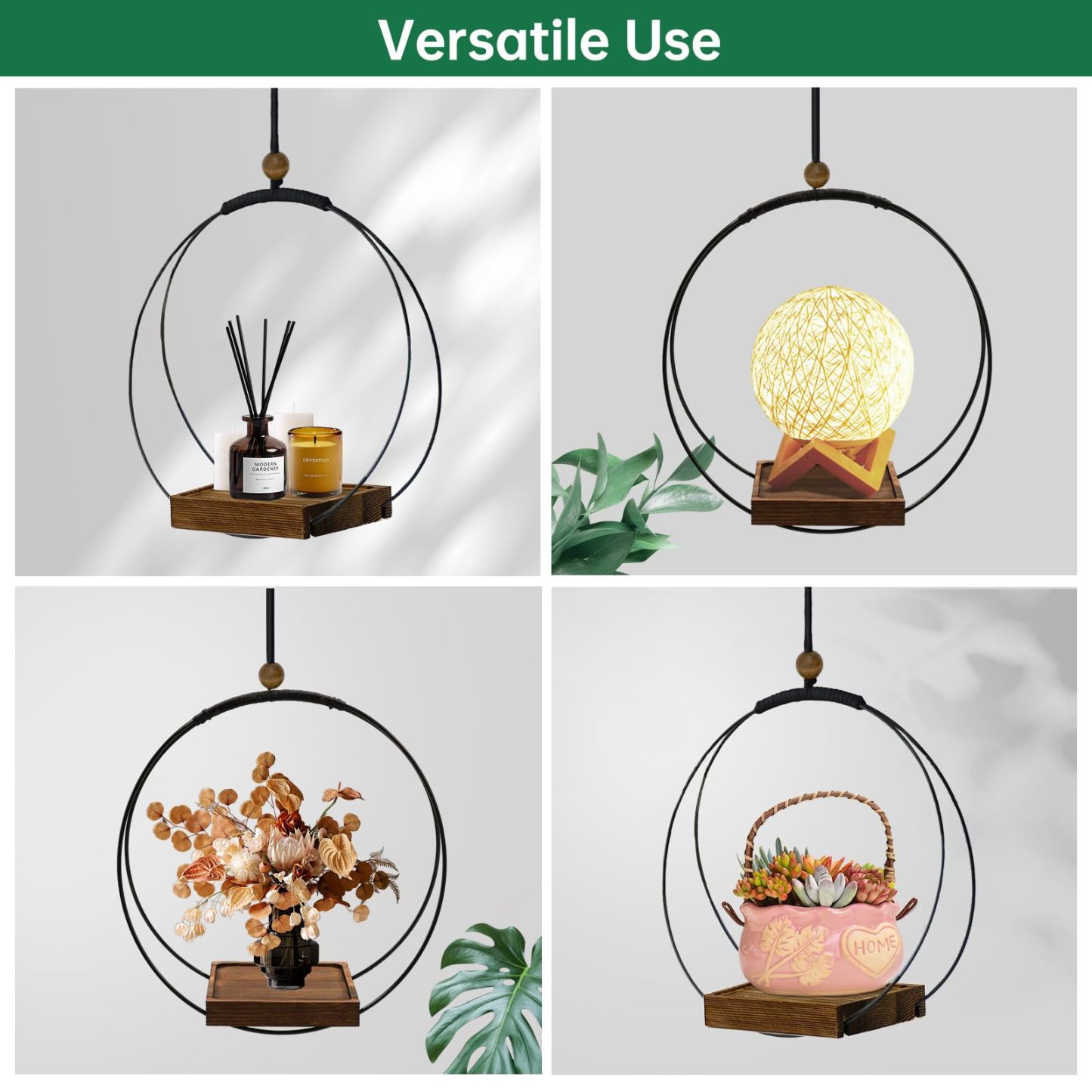 Modern Boho Macrame Plant Hanger, Black Indoor Hanging Planter with Sturdy Wood Base, Wall Ceiling Window Plant Holder for 3–5.5 Inch Pots, Home Decor, Pot Not Included