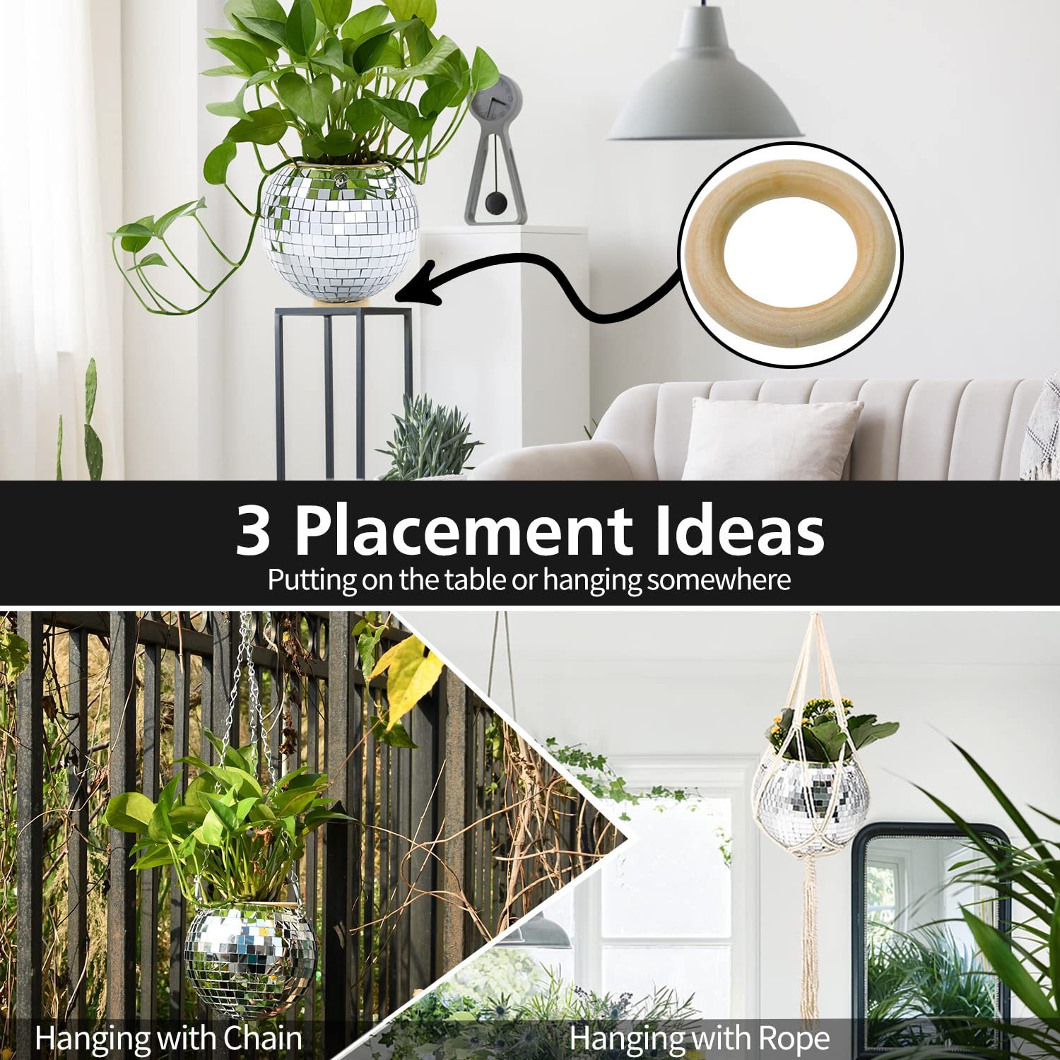 6 Inch Disco Ball Planter, Hanging Disco Ball Plant Hanger with Rope, Chain, Hook and Extra Mirror Pieces
