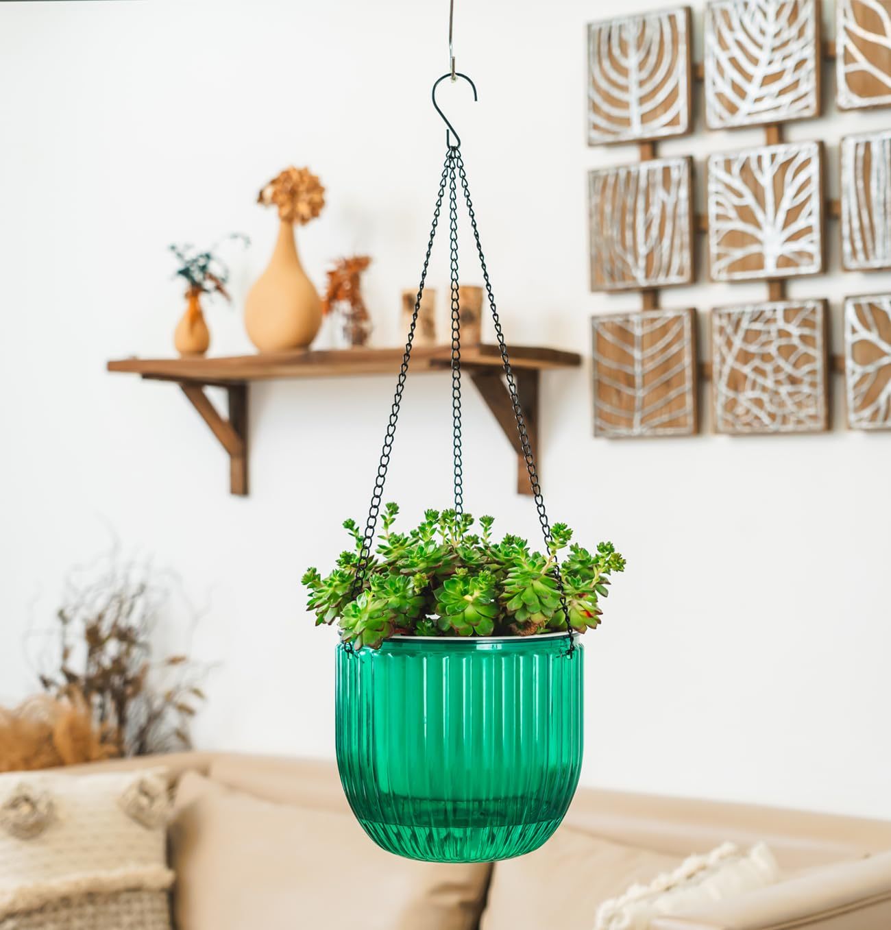 1 Pack 8.3 Inch Self Watering Hanging Planter, Indoor Outdoor Hanging Flower Pot Basket with 3 Hooks and Drainage Holes for Home Garden Decor