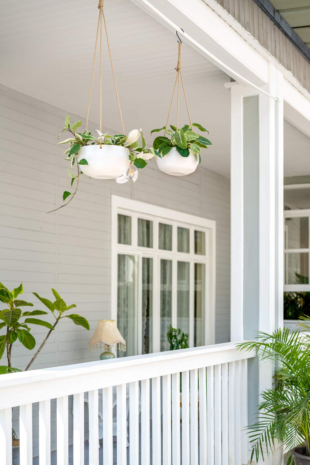 Set of 2 Ceramic Hanging Planters, Modern Geometric Porcelain Hanging Basket, 8 Inch Shallow & 6 Inch Deep Plant Pot with Polyester Rope Hanger for Indoor Outdoor Plants