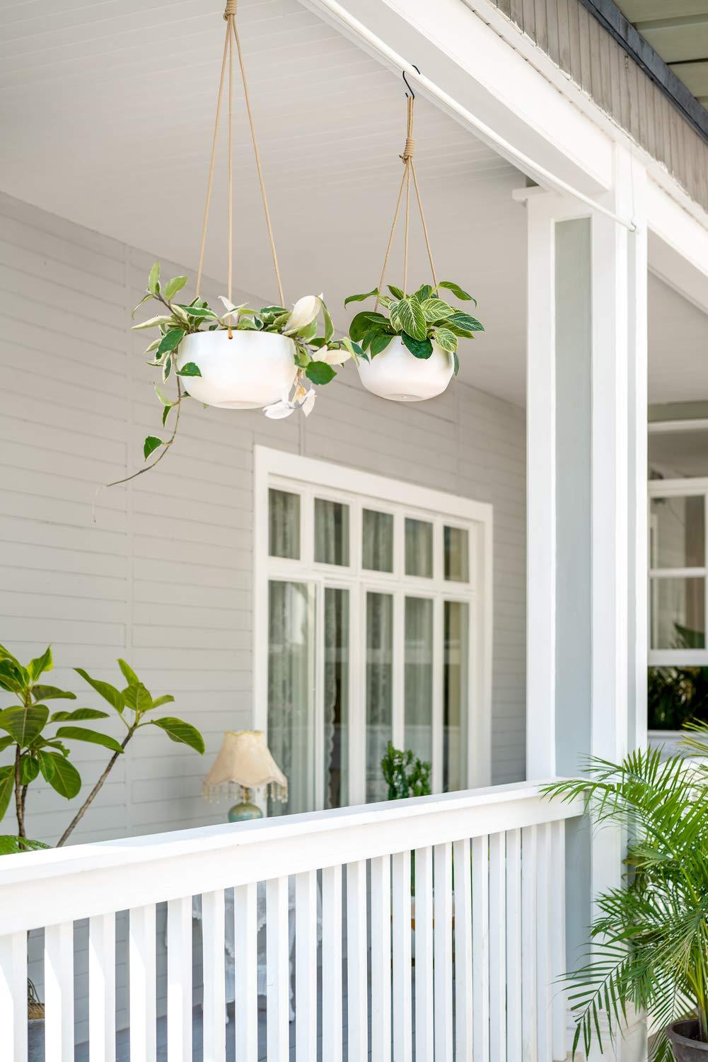 Set of 2 Ceramic Hanging Planters, Modern Geometric Porcelain Hanging Basket, 8 Inch Shallow & 6 Inch Deep Plant Pot with Polyester Rope Hanger for Indoor Outdoor Plants