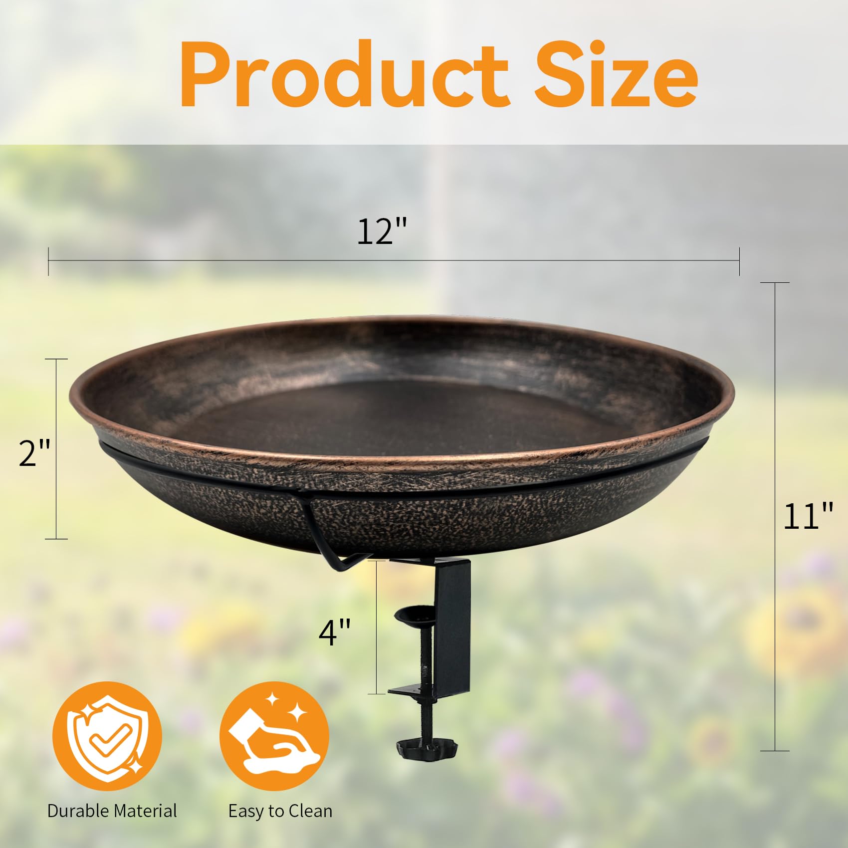 Deck Mounted Metal Bird Bath, 12" Detachable Easy Clean Bowl 0.7 Gallon, Adjustable Sturdy Clamp Birdbath for Railing Balcony Fence Outdoor Decor