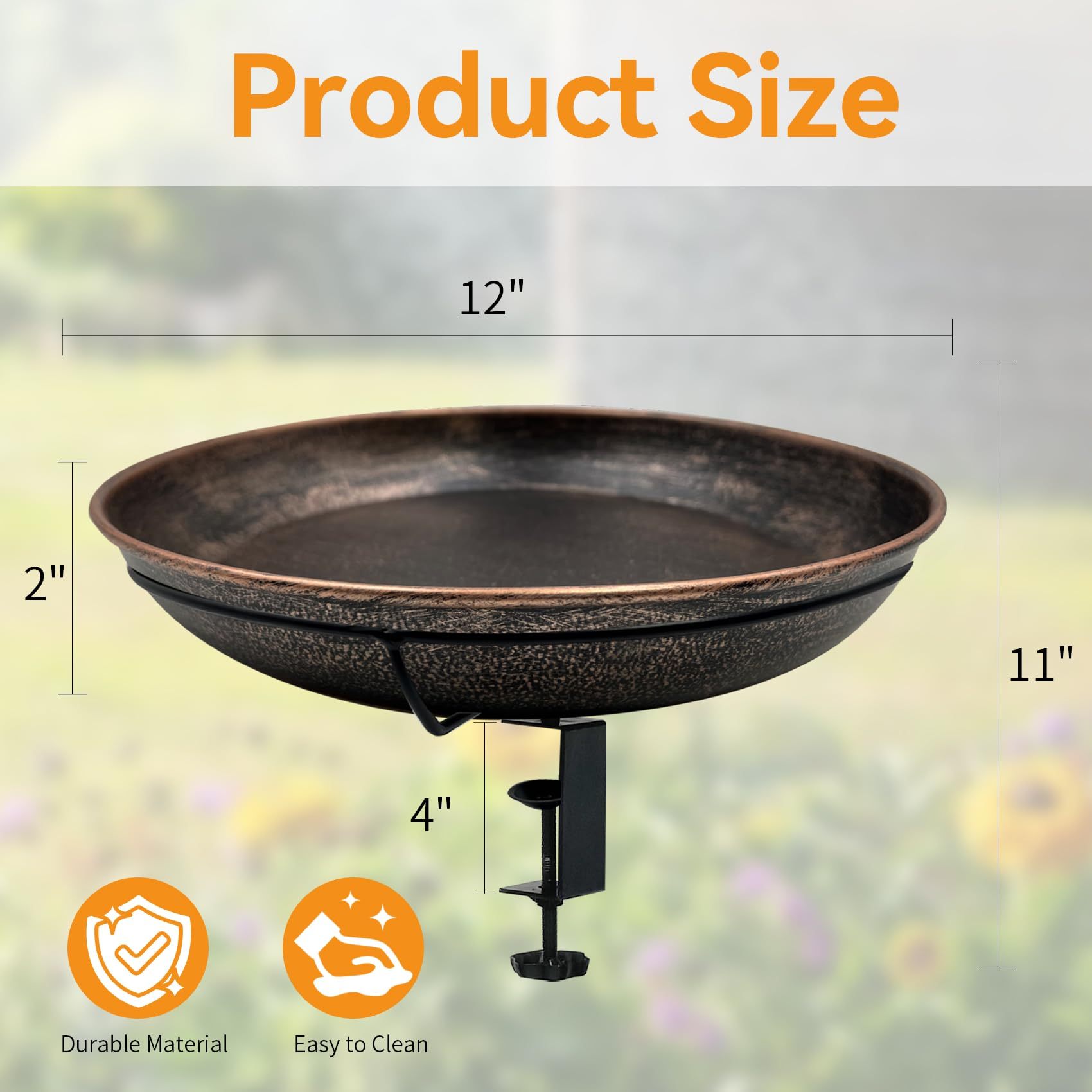 Deck Mounted Metal Bird Bath, 12" Detachable Easy Clean Bowl 0.7 Gallon, Adjustable Sturdy Clamp Birdbath for Railing Balcony Fence Outdoor Decor
