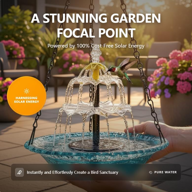 Upgrade 3-Layer Hanging Solar Bird Bath Fountain, Solar Powered Cascading Water Fountain, Outdoor Hummingbird Bath for Garden Yard Patio Backyard Lawn Decor