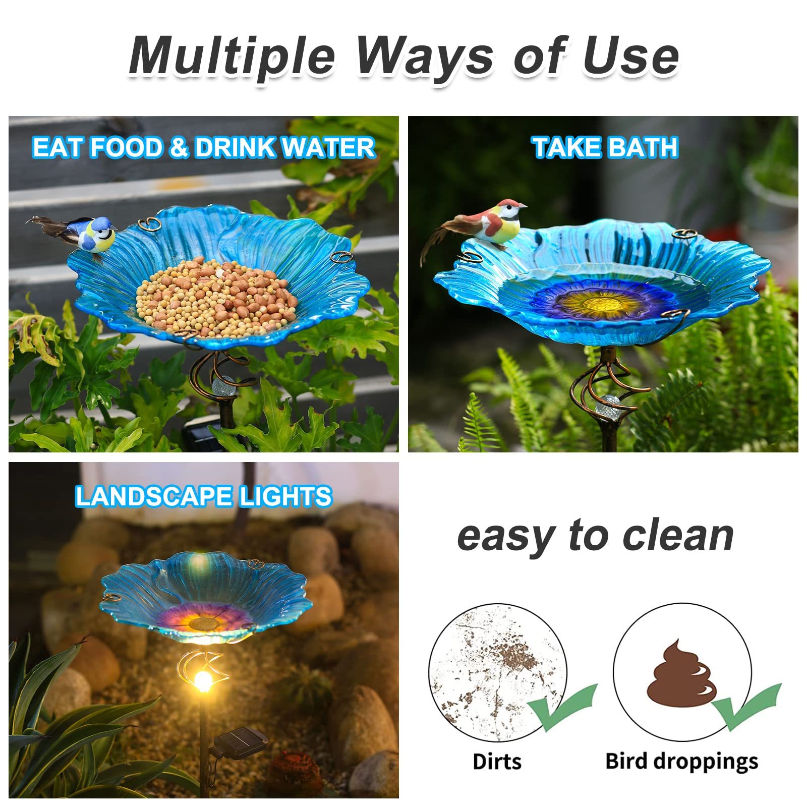 Solar Glass Blue Bird Bath with White LED Light, Metal Stake Yard Art Decor, Outdoor Garden Birdbath Decoration Gift