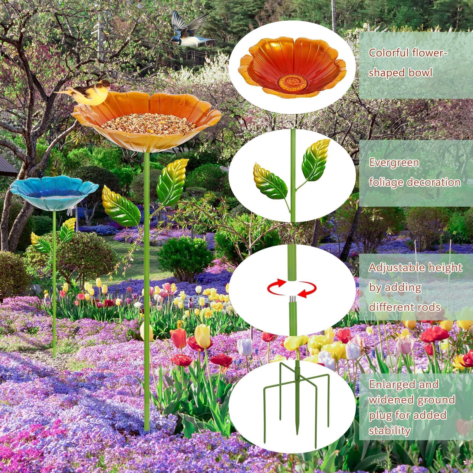 2 Pack Colorful Metal Bird Baths for Outdoors, Hummingbird Birdbath with 5 Ground Stakes, Decorative Garden Flower Bird Bath, 31.3" H x 10.63" Dia, Blue & Yellow