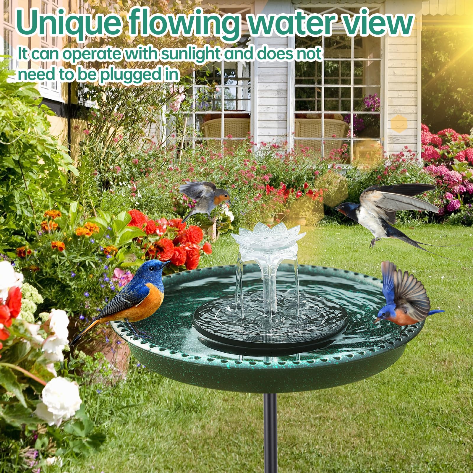 Solar Powered Bird Bath Fountain for Hummingbirds, Plastic Outdoor Birdbath with 5-Prong Base Stake, Stylish Stable Design for Lawn Patio Yard Garden