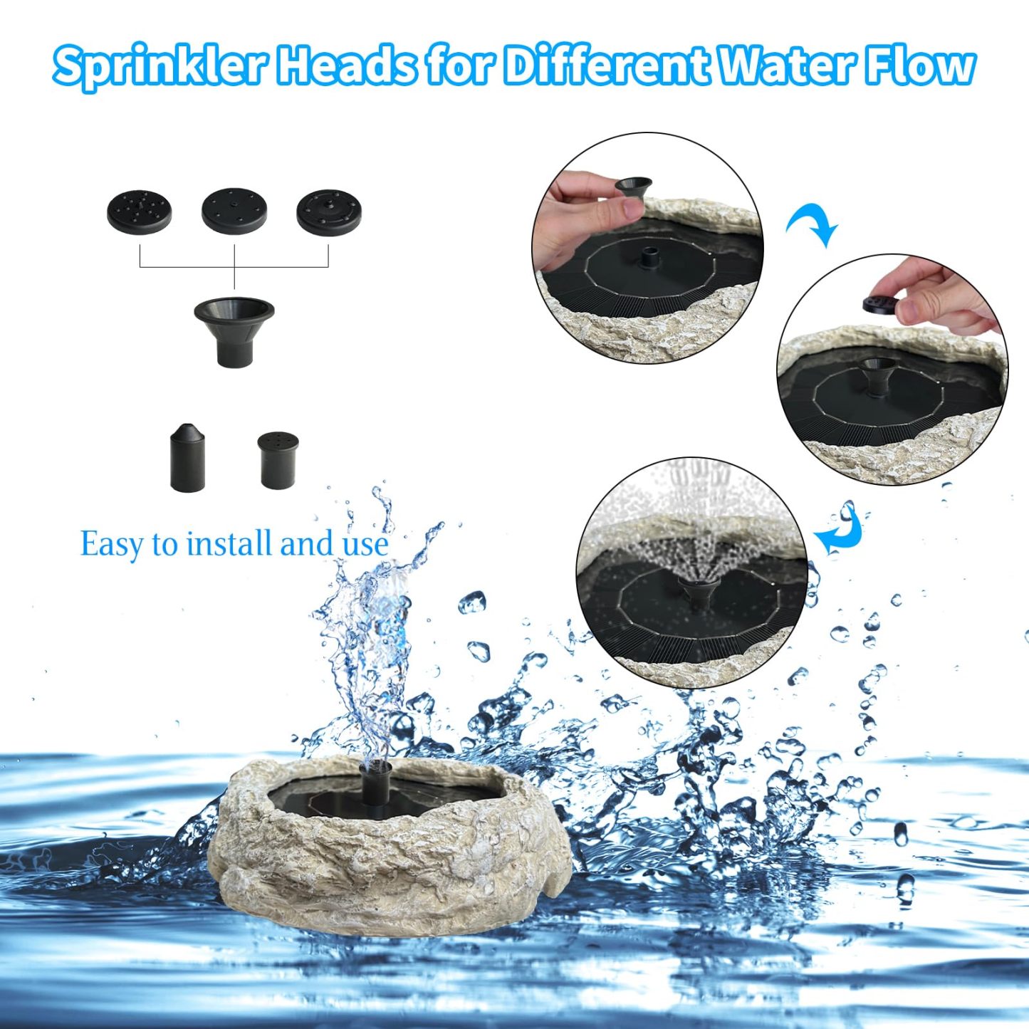 Resin Granite Rock Solar Fountain Pump for Bird Bath, Solar Panel Water Fountain with 5 Nozzles, Outdoor for Hummingbird Birdbath Fish Tank Pond