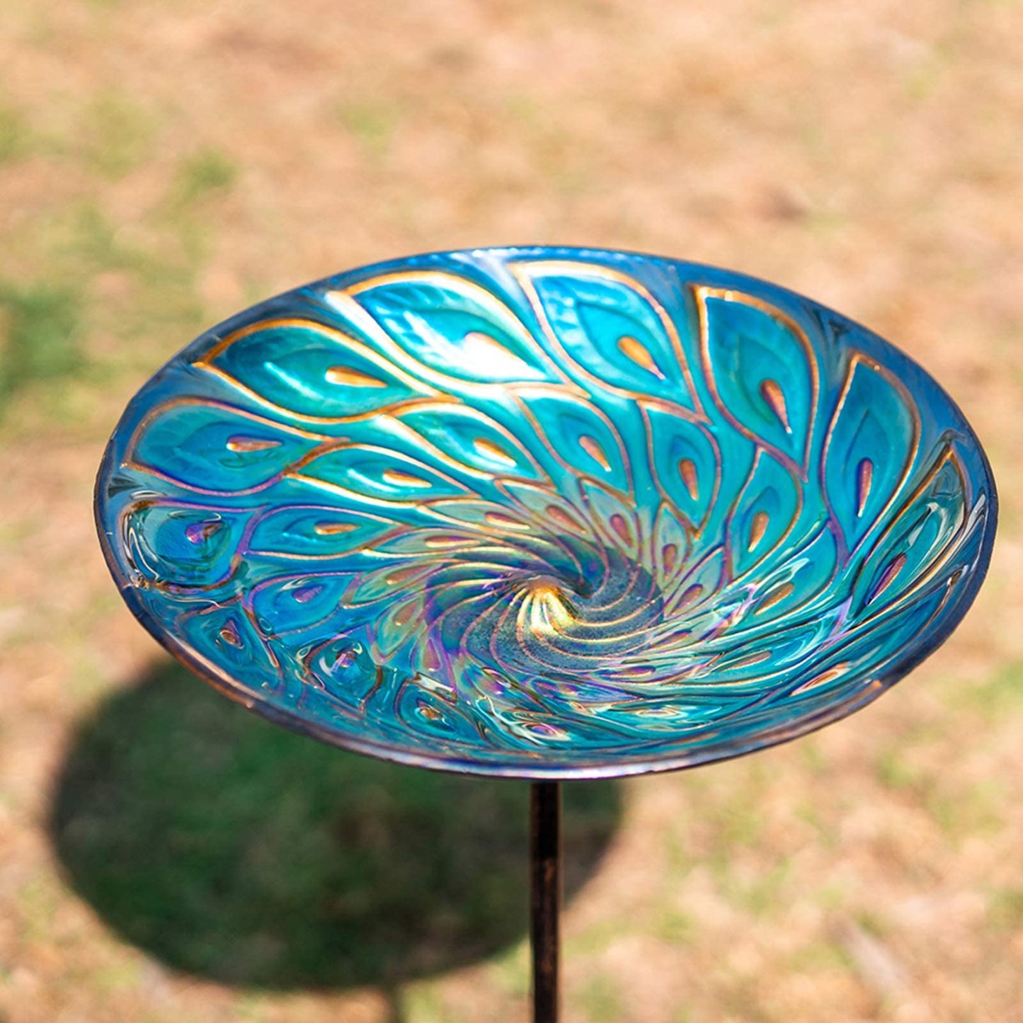 Peacock Glass Bird Bath, Outdoor Garden Bird Bath Birdfeeder with Metal Stake