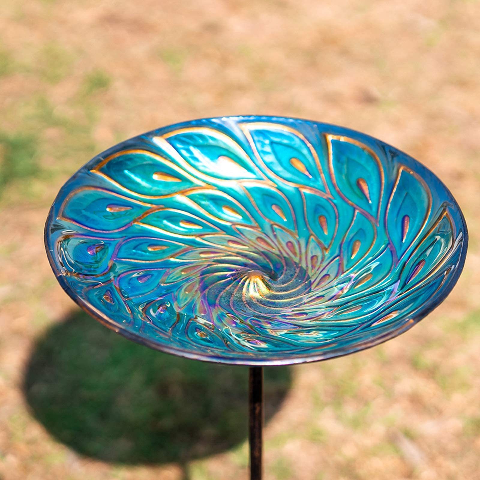 Peacock Glass Bird Bath, Outdoor Garden Bird Bath Birdfeeder with Metal Stake
