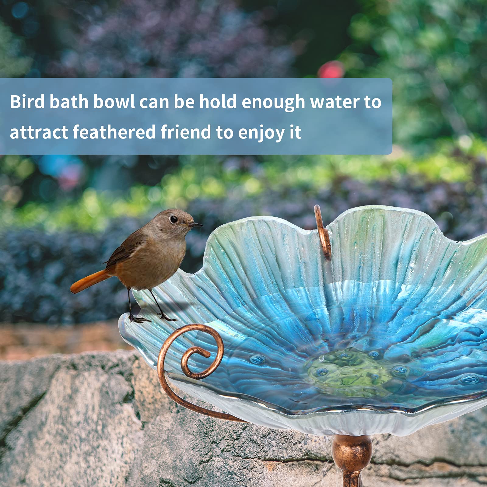 31 Inch Height Glass Birdbath Bird Feeder with Metal Stake, Blue Outdoor Garden Yard Decor
