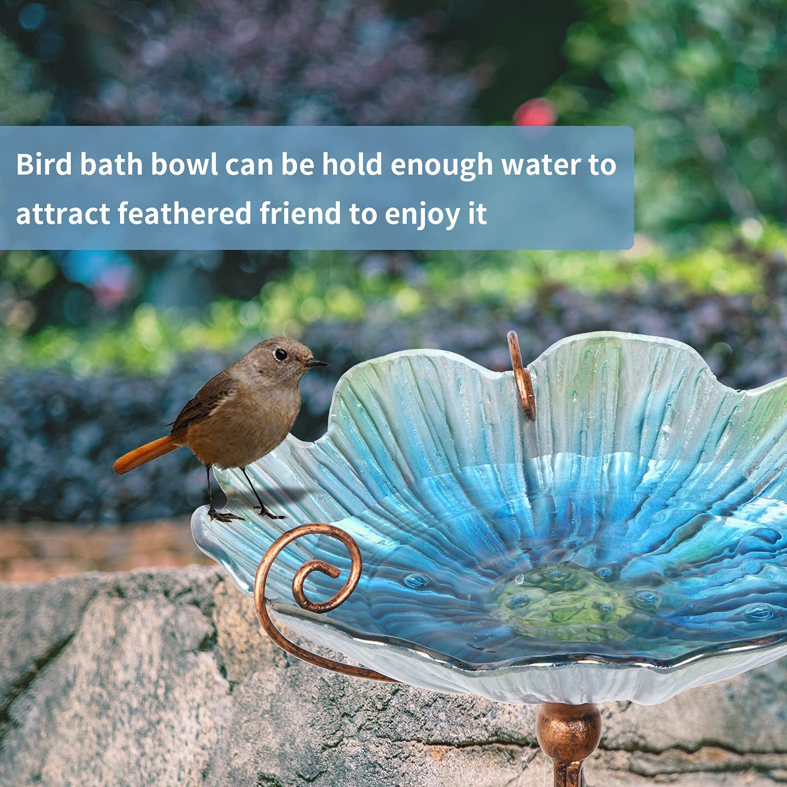 31 Inch Height Glass Birdbath Bird Feeder with Metal Stake, Blue Outdoor Garden Yard Decor
