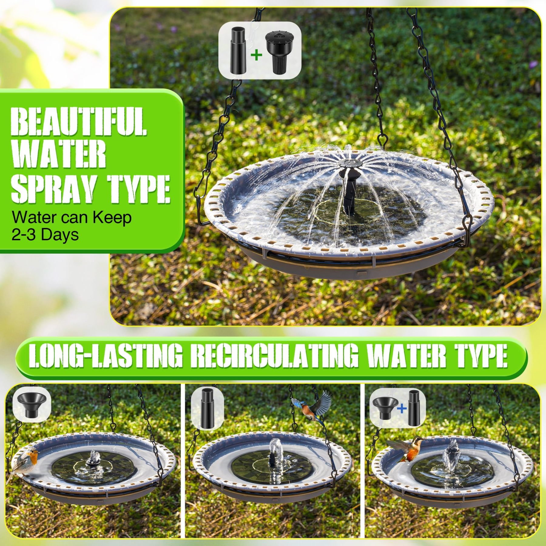 Hanging Solar Bird Bath Fountain, Solar Powered Hummingbird Water Fountain Pump Set with 4 Water Patterns for Garden Yard Patio Lawn