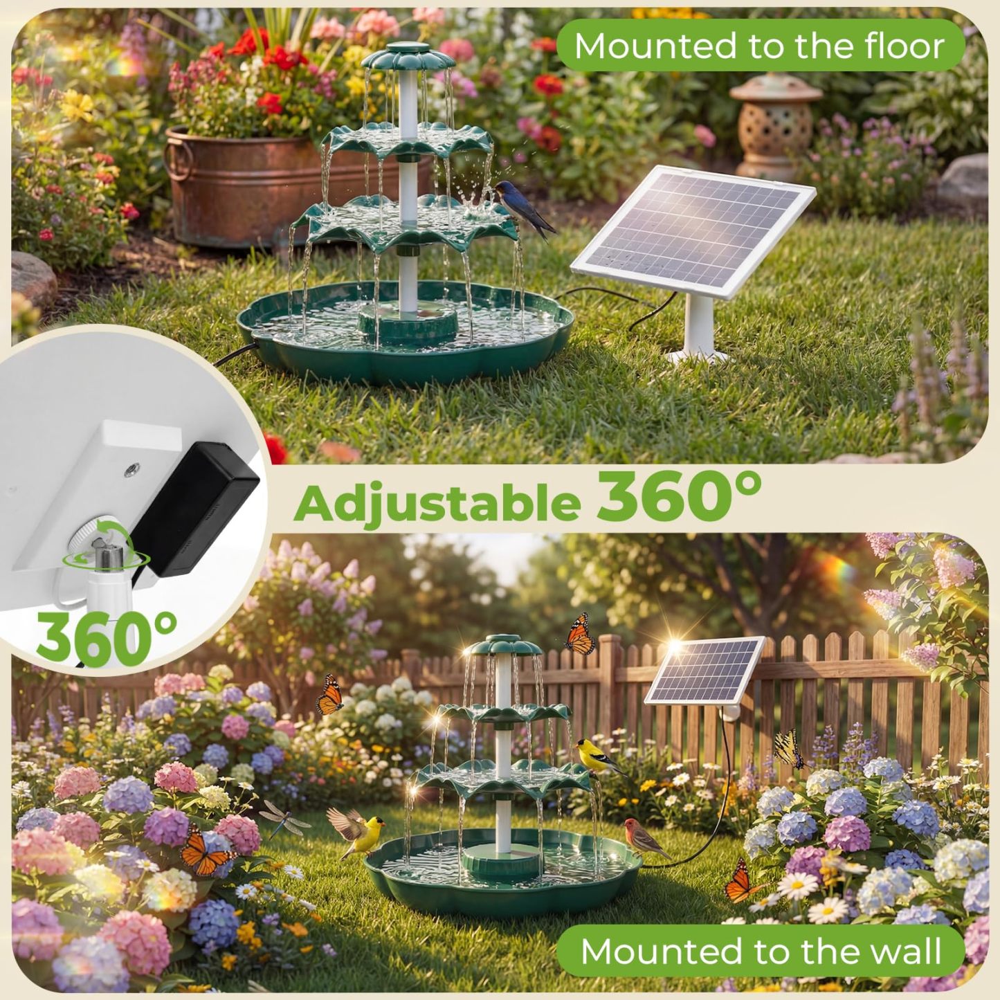 6.5W Solar Bird Bath Fountain, 3-Tiered Waterfall with 9 Water Streams, Detachable Solar Pump Resin Garden Bird Feeder Decor for Outdoor Yard Lawn