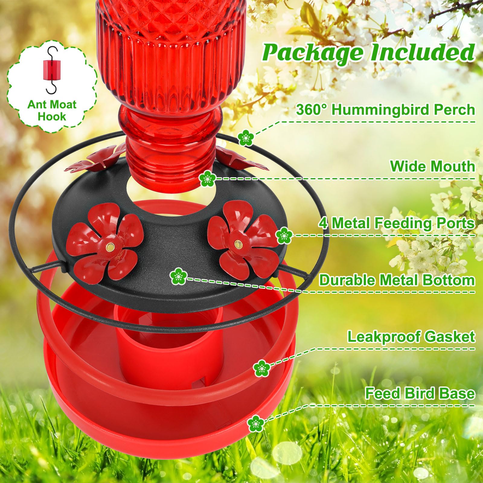 16oz Glass Hummingbird Feeder, Hanging Bird Feeder with Ant Moat, 4 Bee-Proof Feeding Ports & 360° Perch, Leak-Proof Red Design for Outdoor Garden