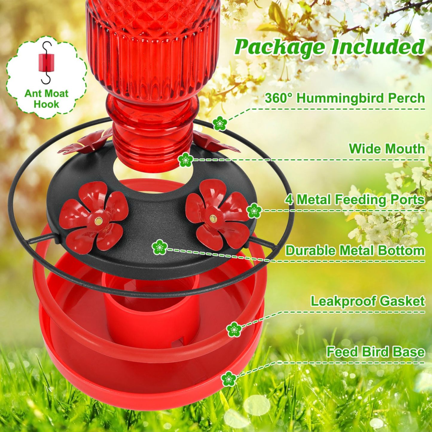 16oz Glass Hummingbird Feeder, Hanging Bird Feeder with Ant Moat, 4 Bee-Proof Feeding Ports & 360° Perch, Leak-Proof Red Design for Outdoor Garden