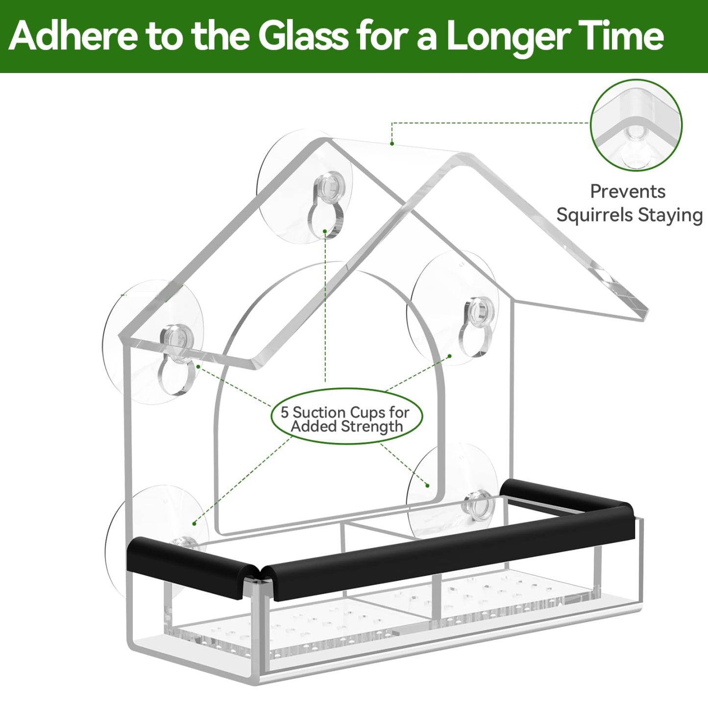 Clear Window Bird Feeder with 5 Extra Strong Suction Cups, Sturdy Acrylic Outdoor Bird Feeder for Wild Bird Watching, Garden Decor & Bird Lover Gift