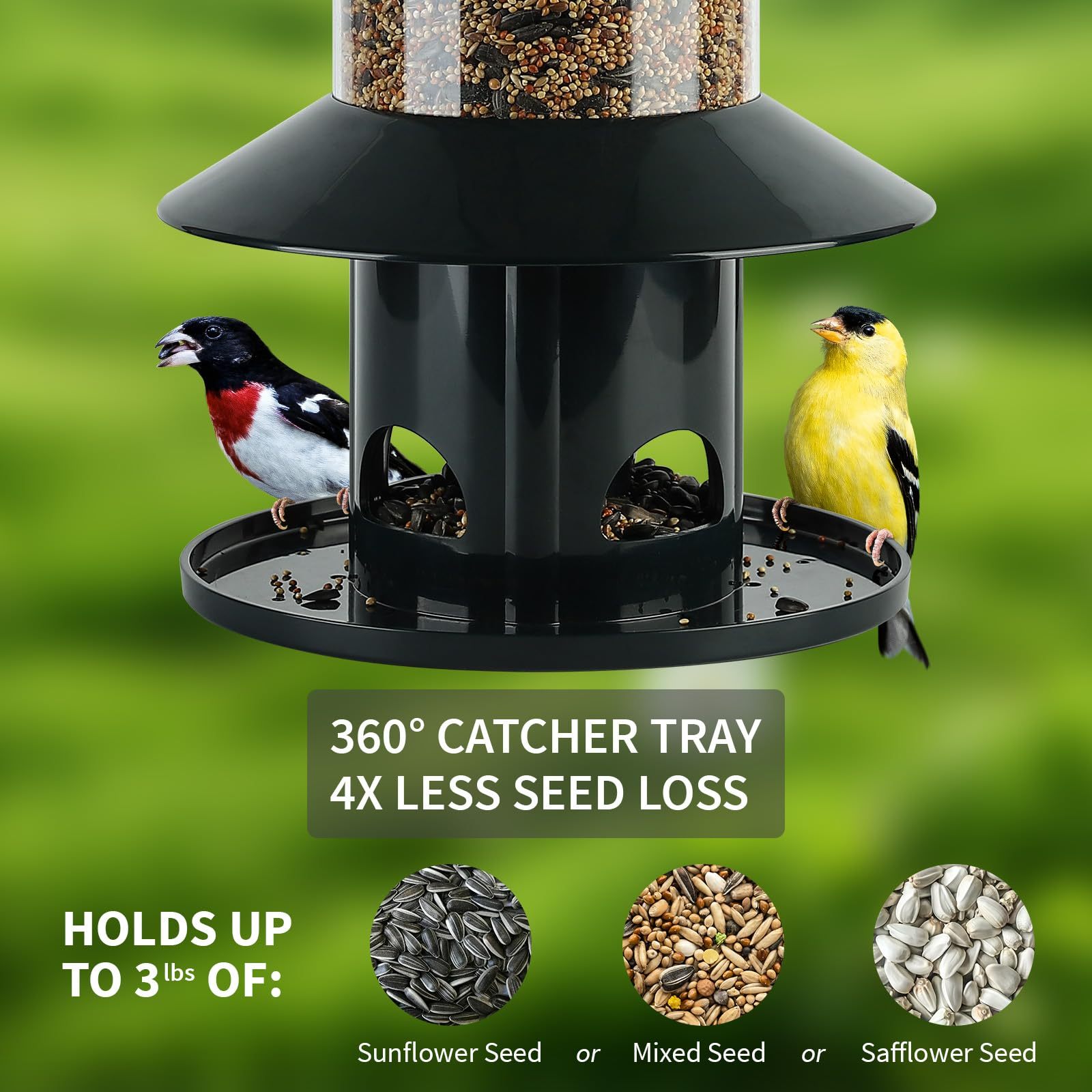 Squirrel Proof Bird Feeder, 360° Feeding Perch Tray, Outdoor Hanging Wild Bird Seed Feeder, Dark Green