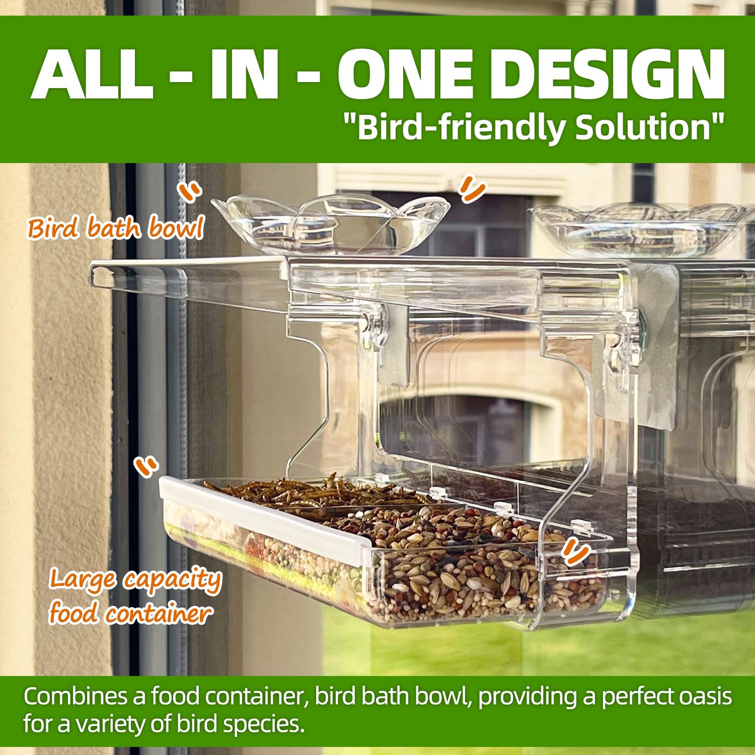 Window Bird Feeder with Non-Marking Self-Adhesive Hooks, Clear Transparent Design for Outdoor Wild Bird Watching & Garden Decor
