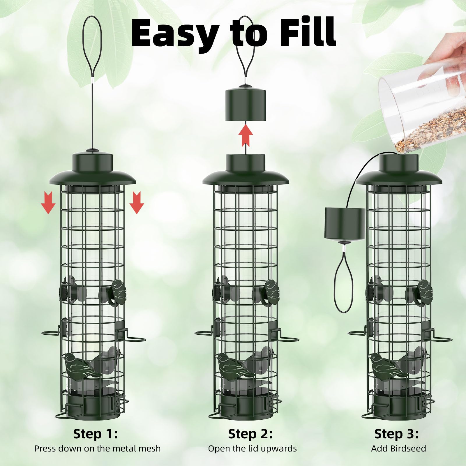Squirrel Proof Metal Mesh Bird Feeder, Outdoor Hanging Gravity Protect Wild Bird Feeder, 3LB Large Capacity Green for Finch Cardinal Chickadee