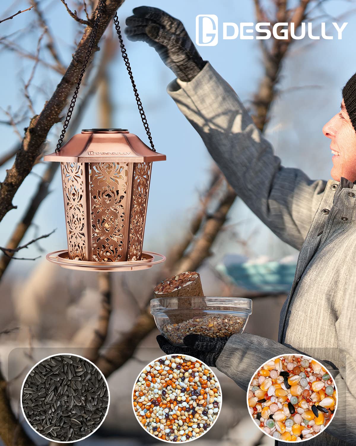 Solar Bird Feeders for Outdoors Hanging, Premium Metal Wild Bird Feeder, Chew-Proof Weatherproof Hanging Bird Feeder for Garden Decor