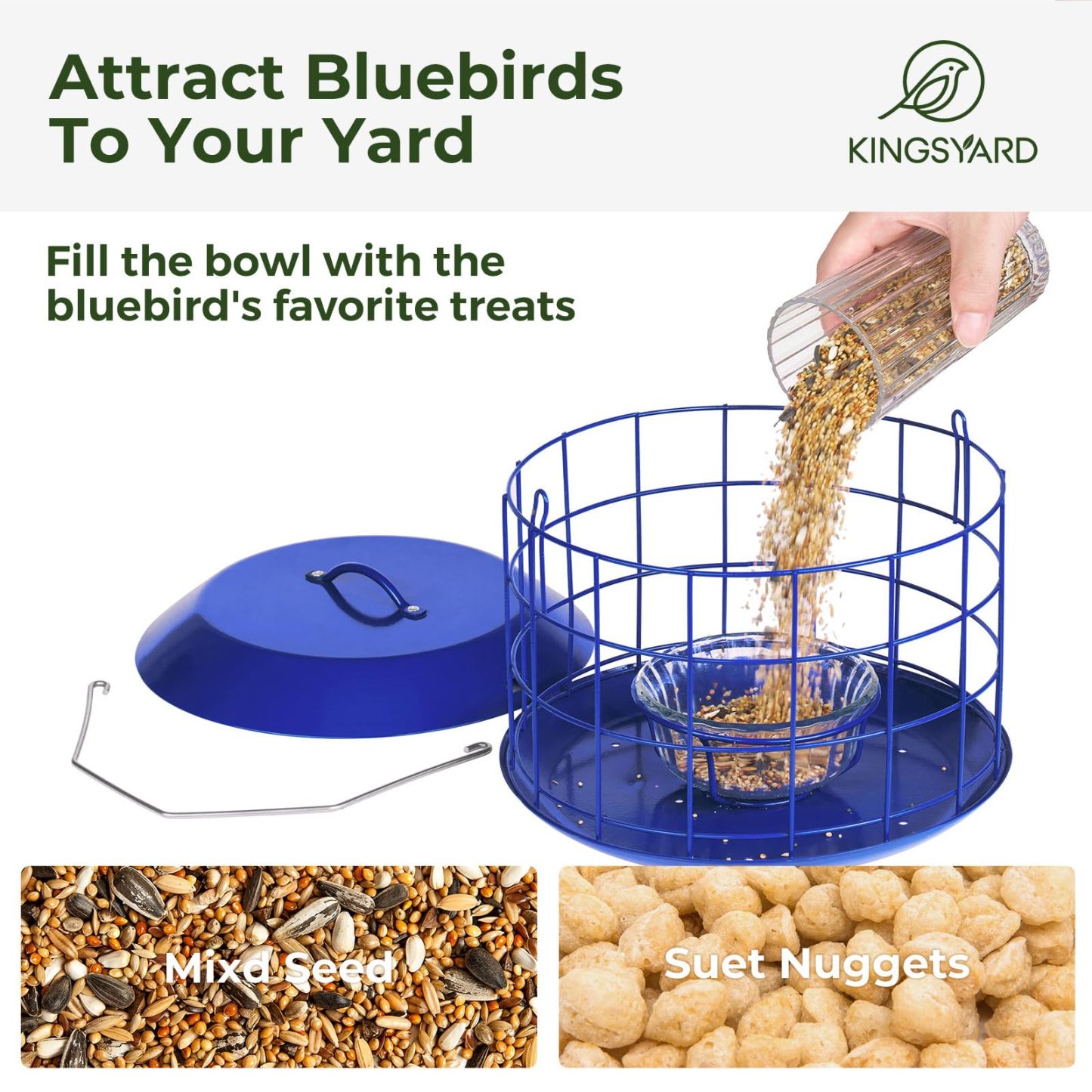 All Metal Bluebird Feeder, Outdoor Hanging Cage Mealworm Bird Feeder with Tray, Squirrel Proof & Weather Resistant, Easy to Refill and Clean