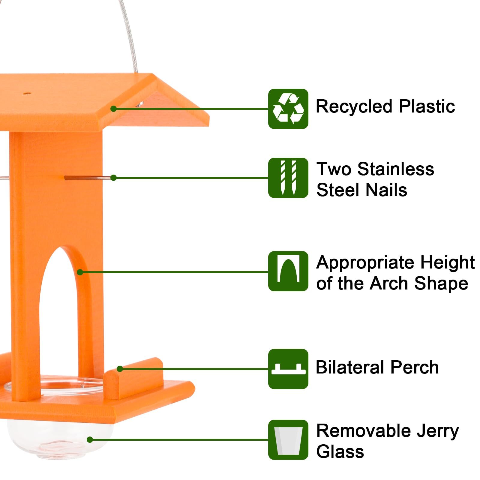 Oriole Feeders for Outdoors Hanging, All-in-One Recycled Plastic Oriole Feeder with Removable Glass Cup, for Jelly Jam Fruit Nectar Seed Feeding, Orange, 1 Pack