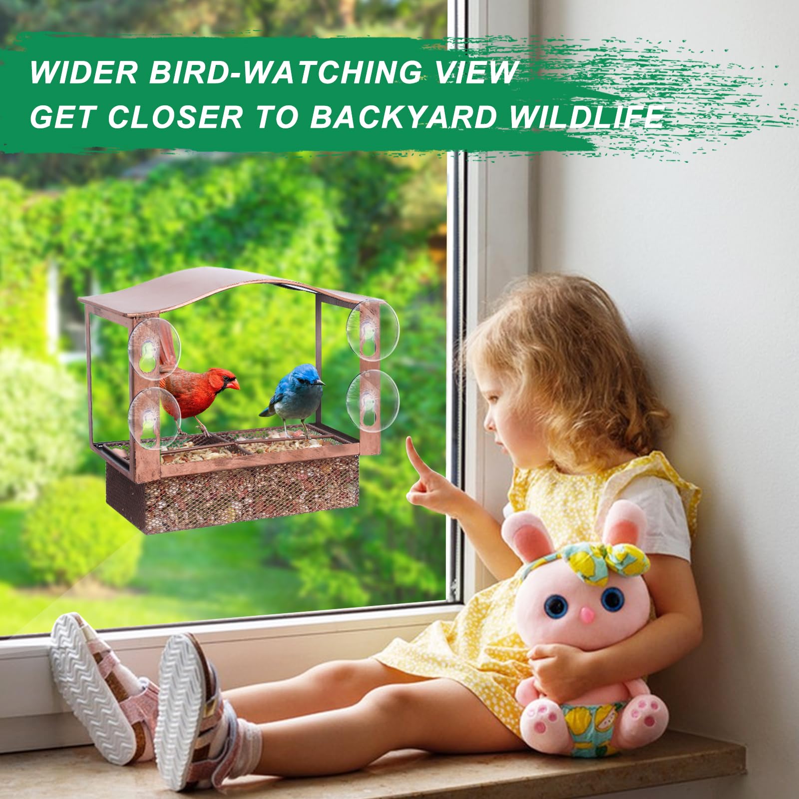 Window Mount Metal Bird Feeder with Wide View, Strong Suction Cups Outdoor Wild Bird Feeder for Bird Watching & Gifts