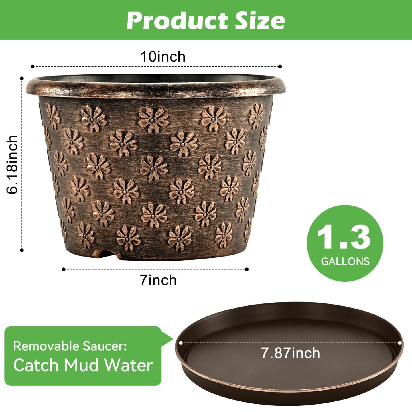 4 Pack 10 Inch Plastic Plant Pots, Large Resin Flower Planters with Drainage Hole & Removable Saucer, Retro Decorative Plant Pots for Indoor Outdoor Home Garden