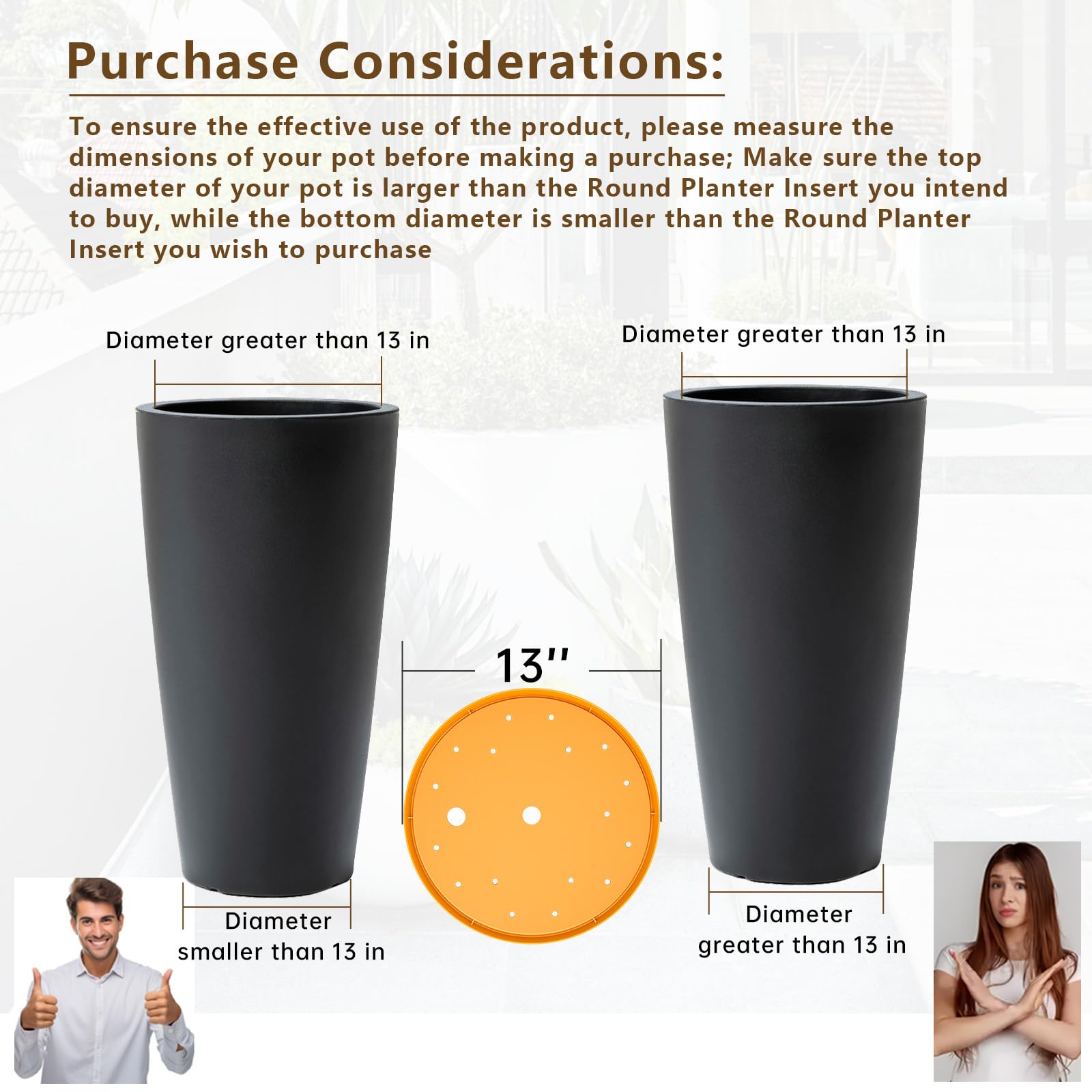 2Pcs 13 Inch Orange Round Planter Insert, Plastic Pot Bottom Drainage Tray with Holes, Soil Saving Insert Divider for Tall Flower Plant Pots