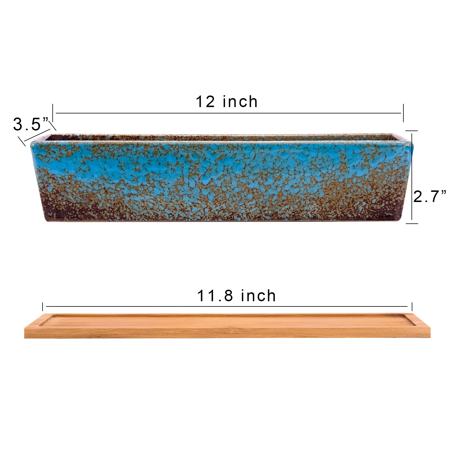 12 Inch Rectangular Ceramic Succulent Planter, Shallow Bonsai Flower Pot with Drainage Hole & Bamboo Tray, Home Garden Window Box for Cactus Plant Decor