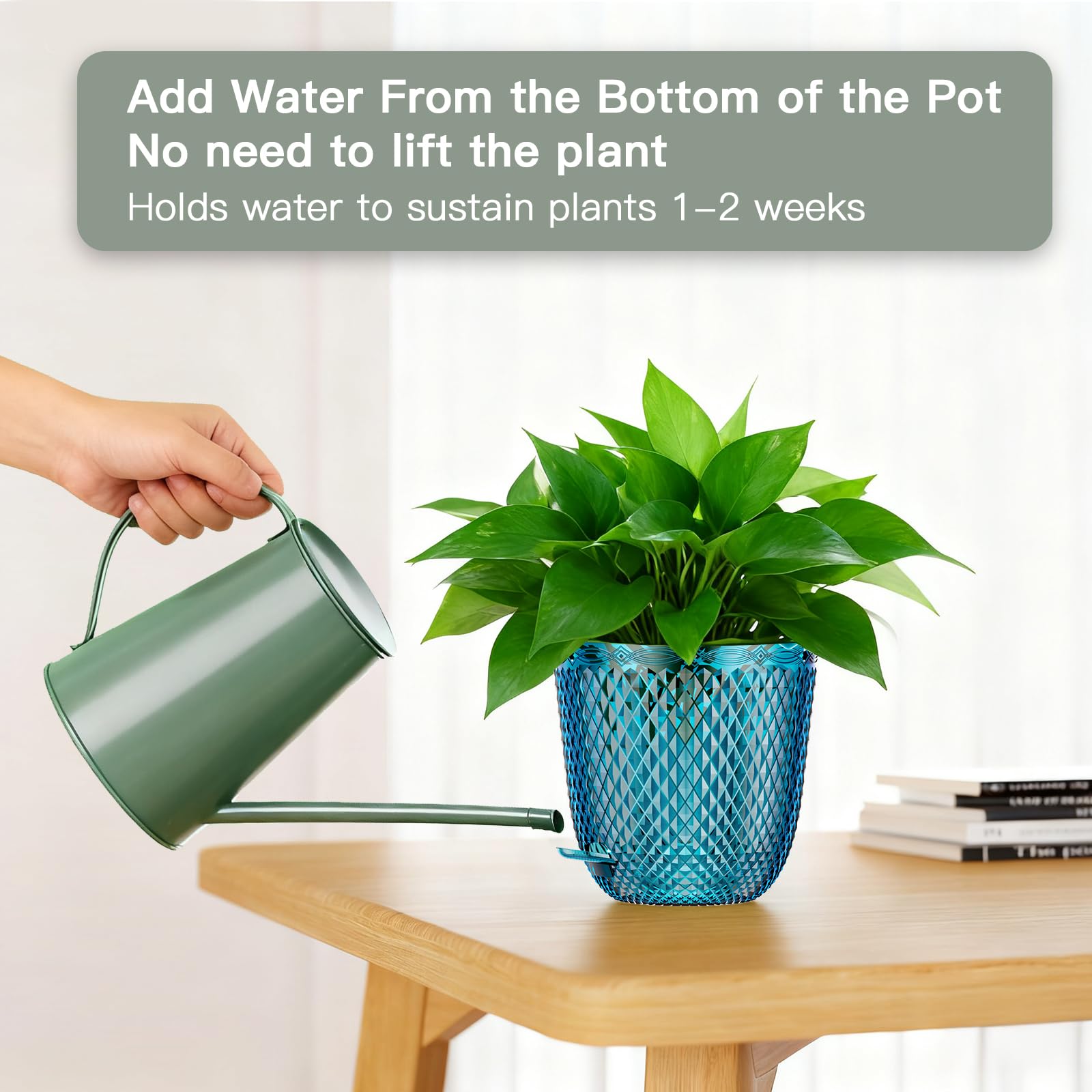 2 Pack Self Watering Plant Pots, 7.2 Inch Plastic Planters with Drainage Holes & Water Inlet Port, Modern Garden Flower Pots for Indoor Outdoor Plants