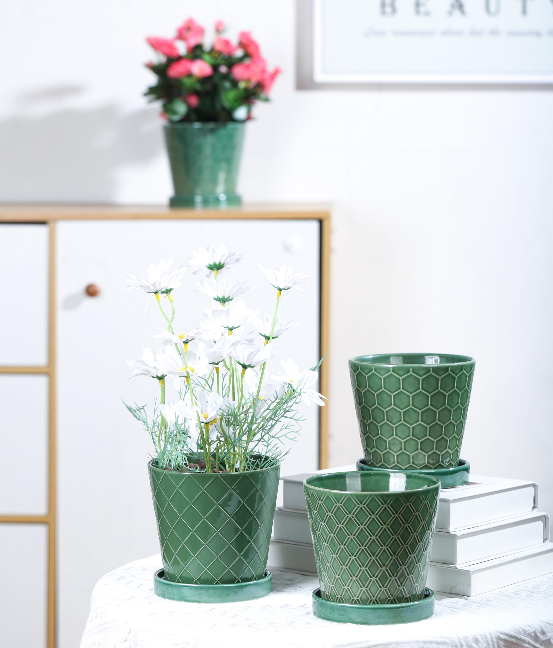 Set of 4 Ceramic Plant Pots, 5 Inch Indoor Flower Planters with Drainage Hole & Matching Tray, Decorative Plant Pots for Home Desktop Office Windowsill, Plants Not Included