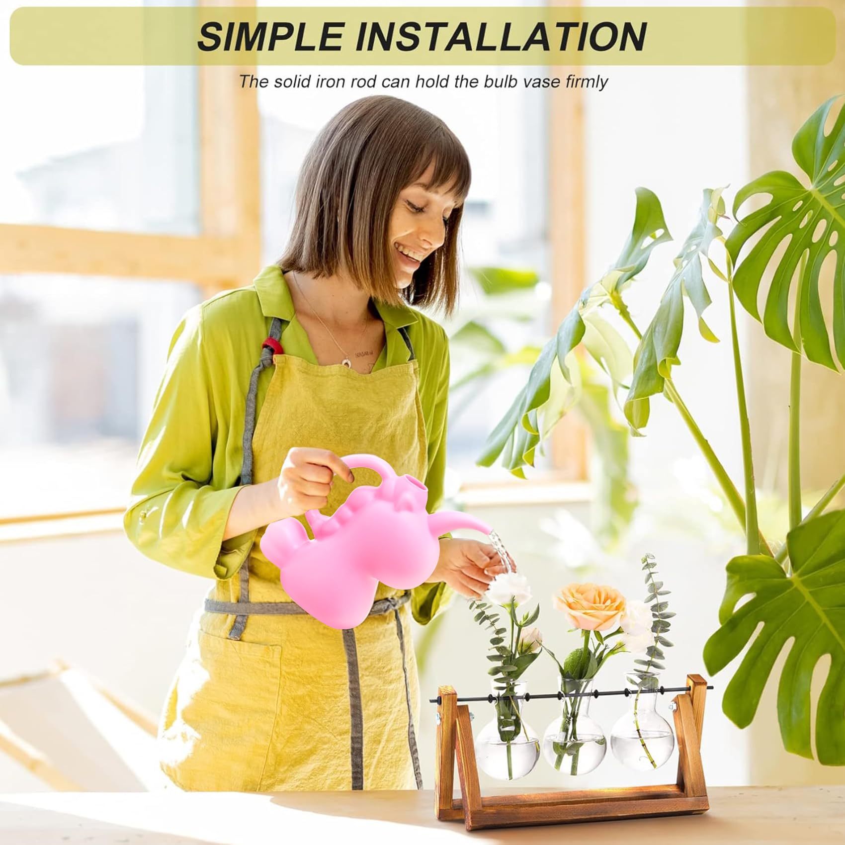 3 Pack Glass Bulb Plant Terrarium with Wooden Stand, Retro Swivel Metal Holder Hydroponic Vase, Tabletop Air Planter for Home Office Garden Decor