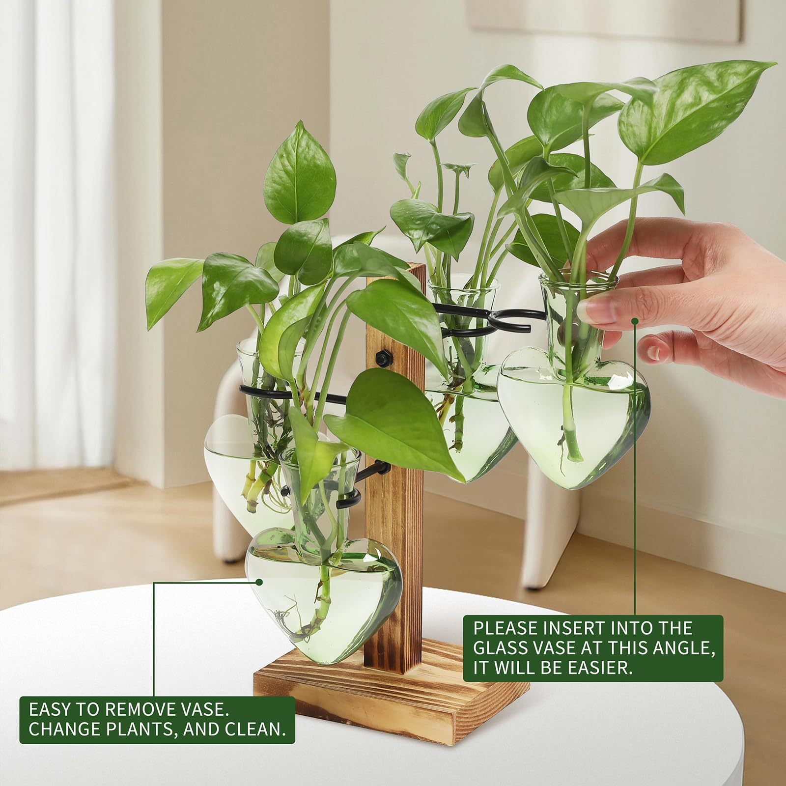 4 Pcs Love Bulb Glass Propagation Station with Wooden Stand, Hydroponic Plant Terrarium Vase, Indoor Home Office Decorative Gardening Gift for Women