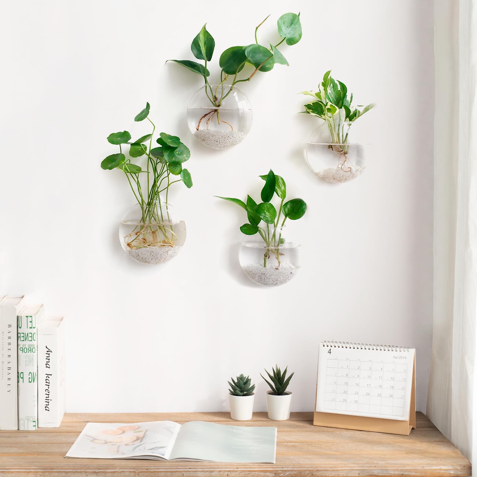 4Pcs Oblate Wall Hanging Glass Propagation Station, Hydroponic Flower Vase for Plant Cuttings, Home Bathroom Office Living Room Wall Decor Gift, Plants Not Included
