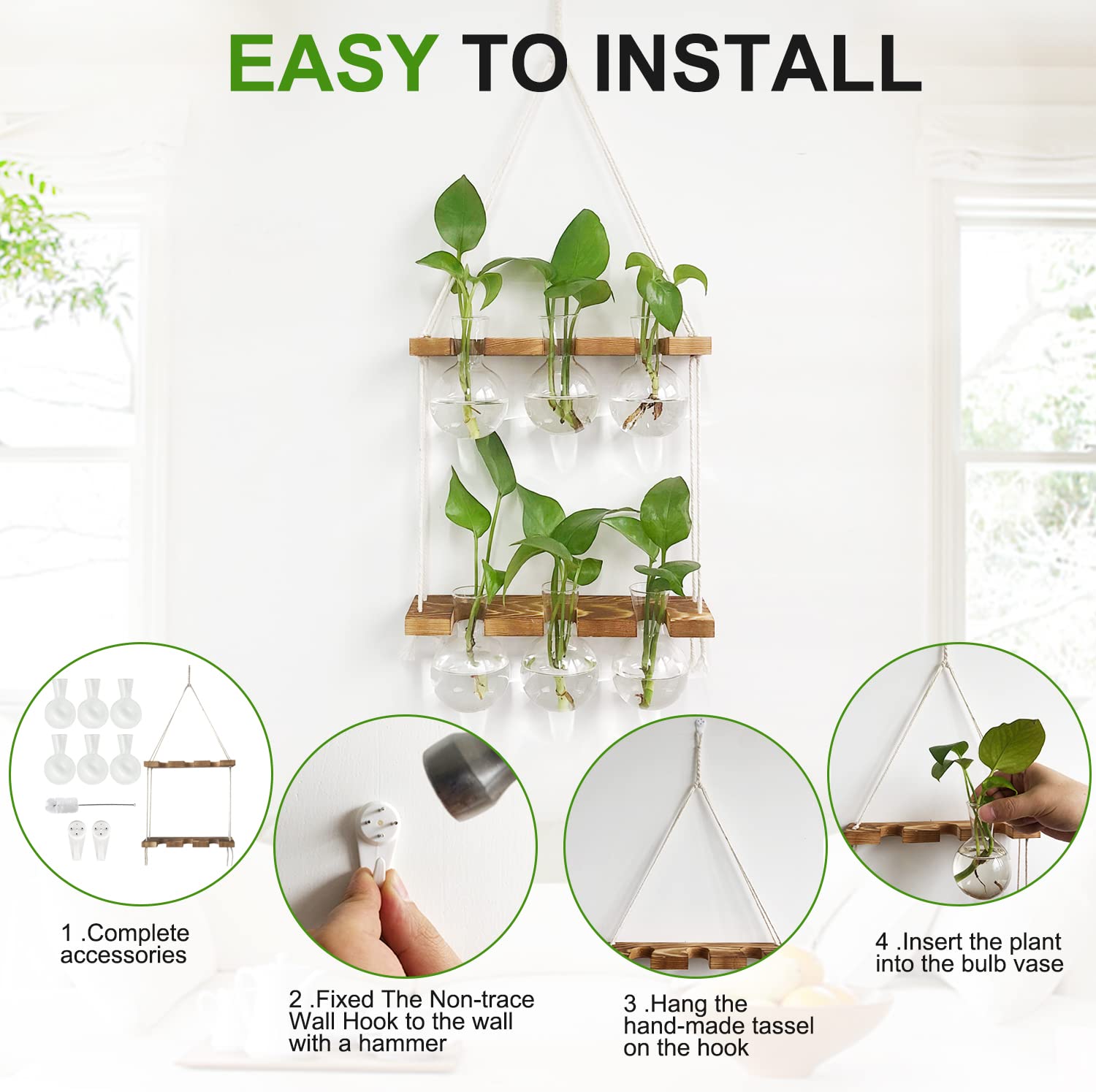 2 Tier Wall Hanging Plant Propagation Station, Wooden Stand Hydroponic Terrarium with 6 Bulb Glass Vases, Home Wall Decor Gardening Gifts for Plant Lovers