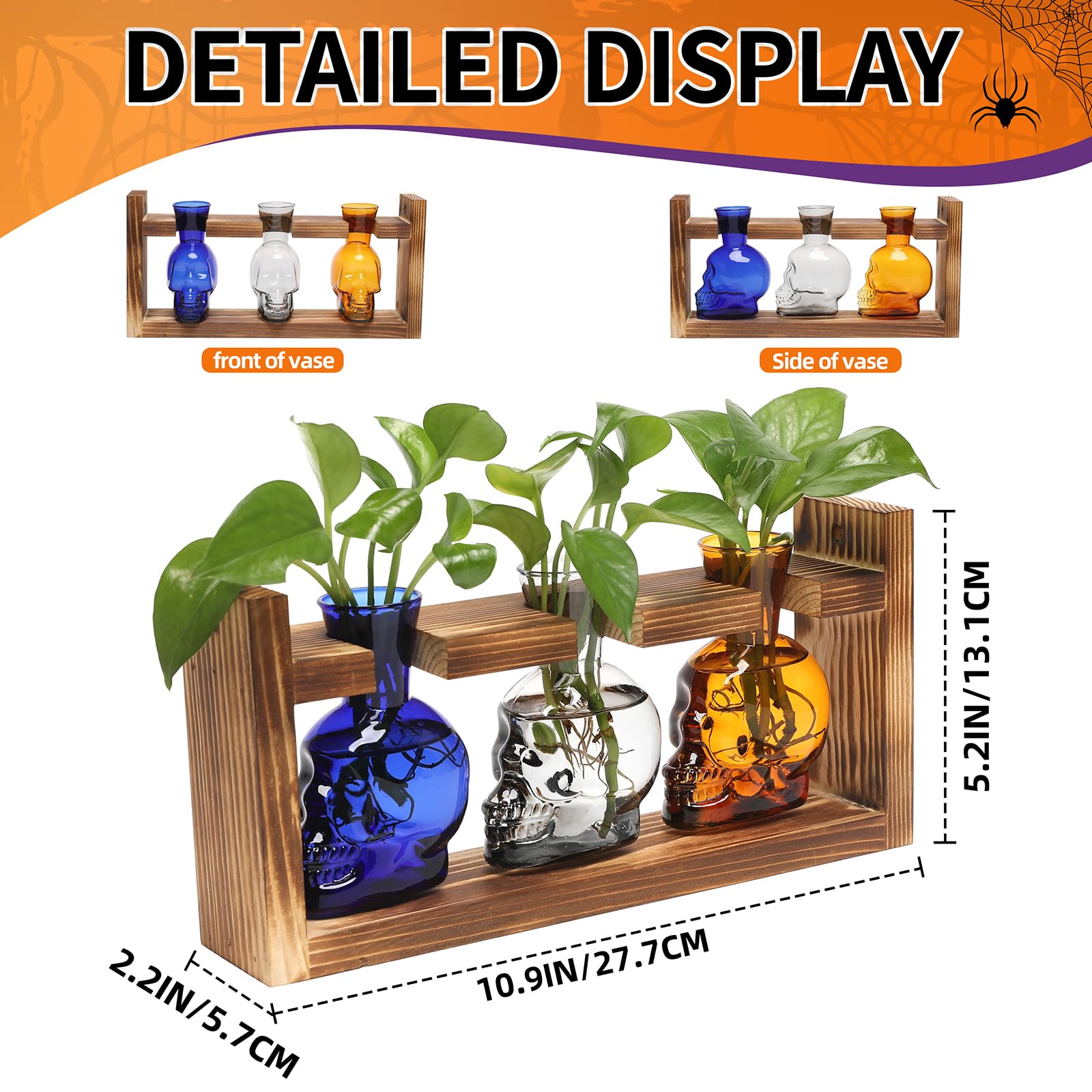 Skull Shaped Glass Propagation Vase with Wood Stand, Halloween Gothic Home Decor, Unique Gift for Father