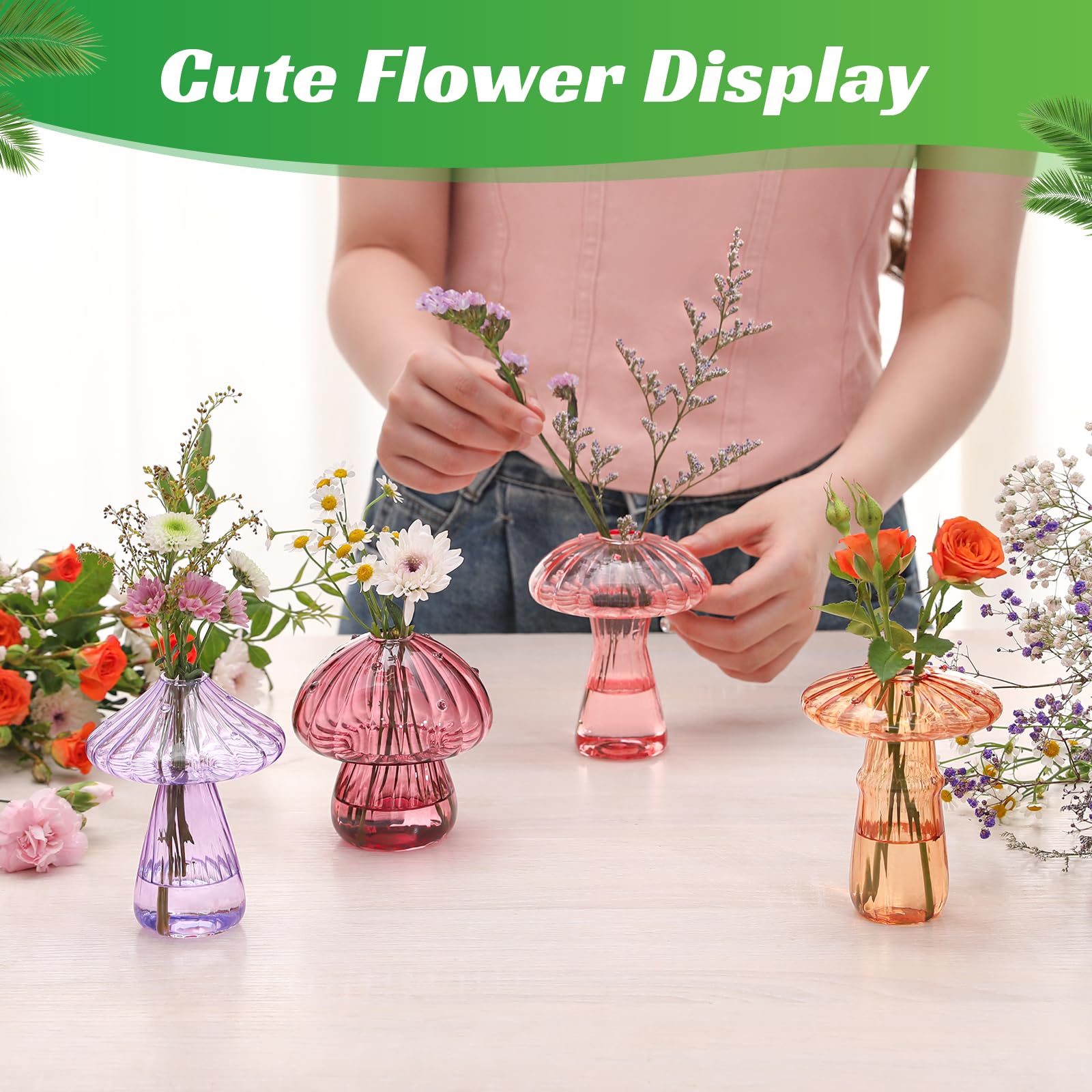 6 Pack Mushroom Shaped Glass Vases, Colored Plant Propagation Station, Mini Hydroponic Terrarium Pot, Cute Indoor Flower Decor Gift for Women