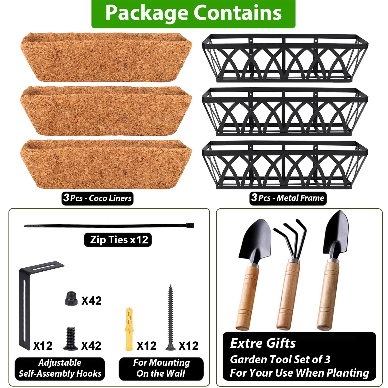 3 Pack 24 Inch Hanging Railing Planter Boxes, Outdoor Window Planters for Deck Balcony Fence Garden