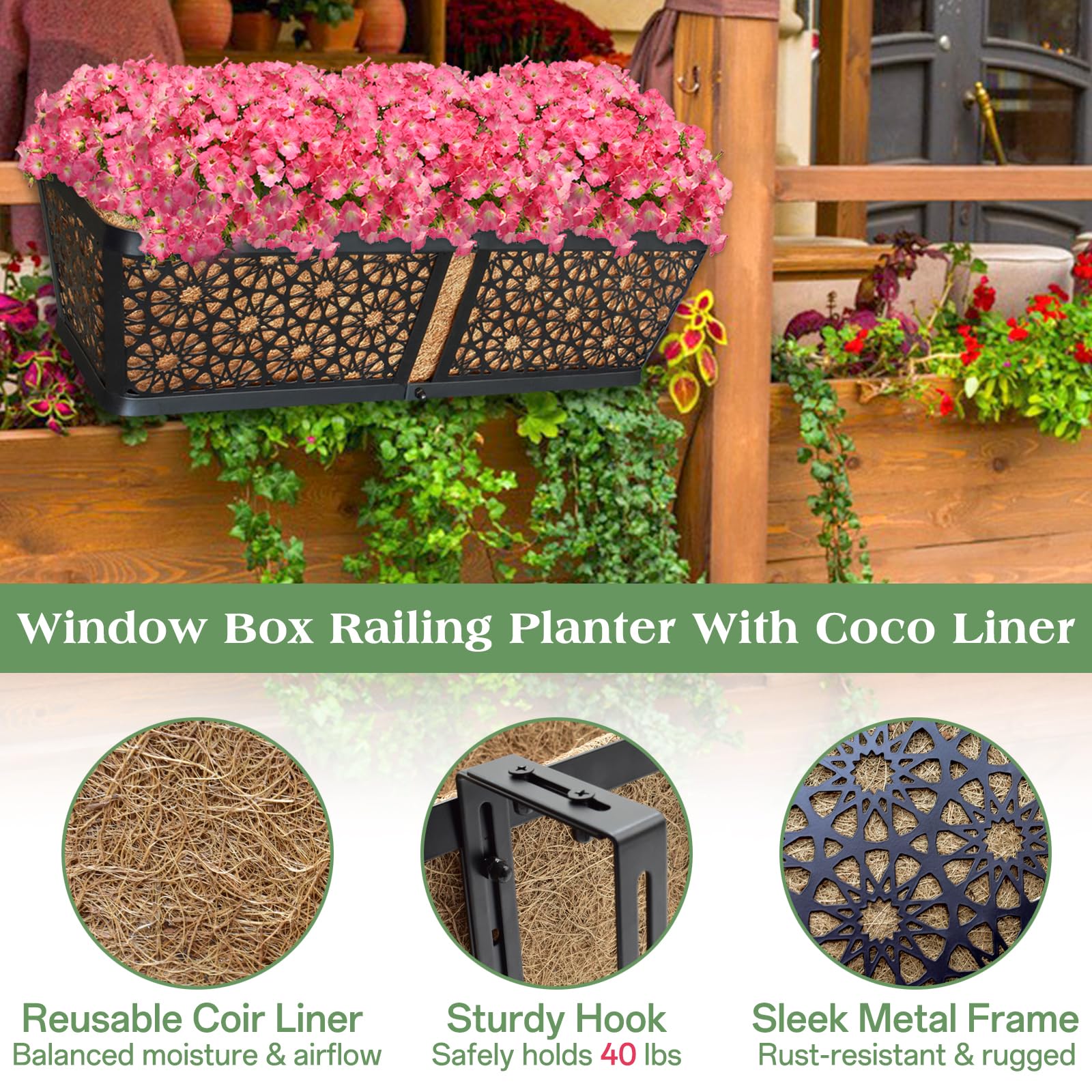 2 Pack 24 Inch Hanging Railing Planter Boxes, Window Flower Planters with Coco Liner & Adjustable Brackets for Outdoor Balcony Deck Fence