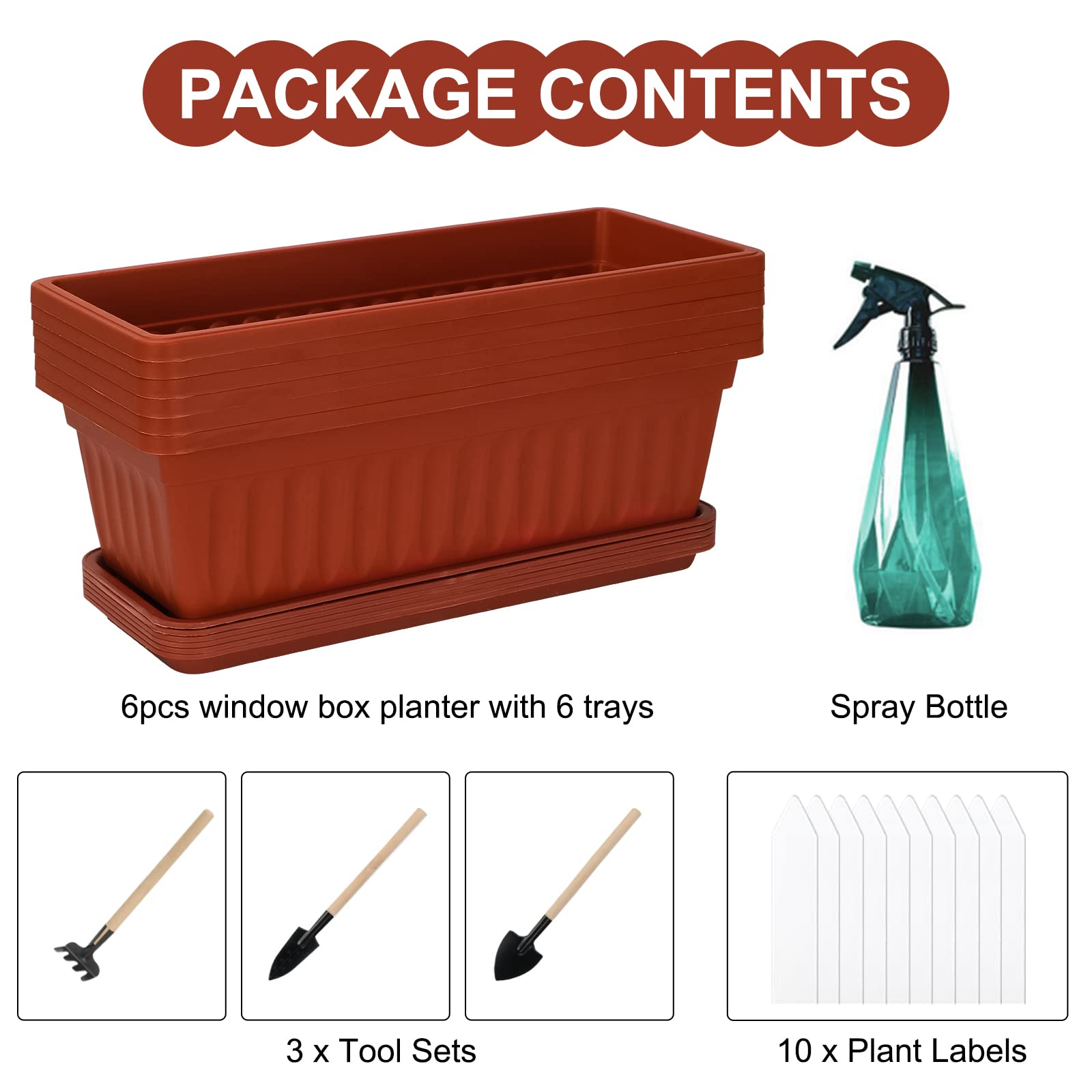 6 Pack 17 Inch Rectangular Plastic Window Planter Boxes, Brick Red Plant Pots with Drainage Trays for Windowsill Balcony Garden Patio