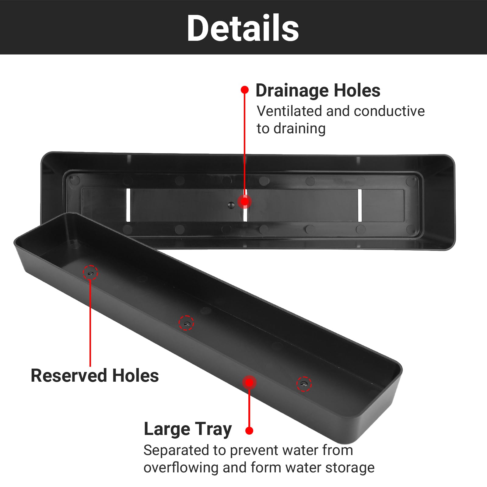3 Pack 16x3.8 Inch Black Rectangular Plastic Planter Boxes, Flower Herb Succulent Pots with Drainage Holes & Tray for Indoor Outdoor Balcony Garden Windowsill