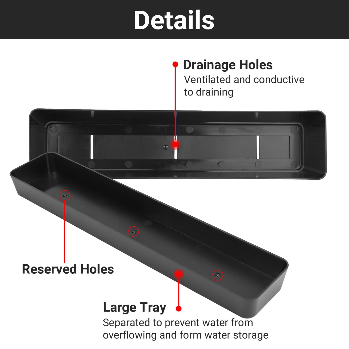 3 Pack 16x3.8 Inch Black Rectangular Plastic Planter Boxes, Flower Herb Succulent Pots with Drainage Holes & Tray for Indoor Outdoor Balcony Garden Windowsill